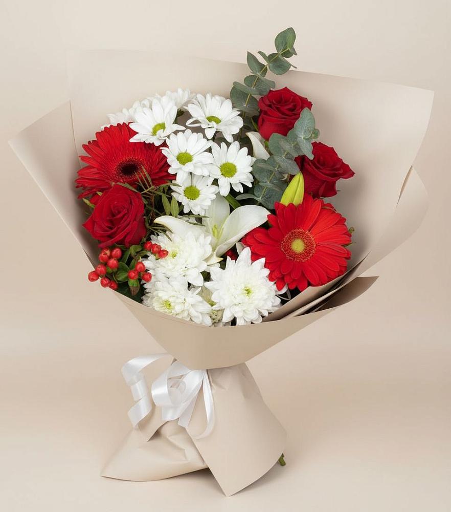 Букет цветов из: Розы, Хризантемы, Герберы и Лилии в Коммунистический